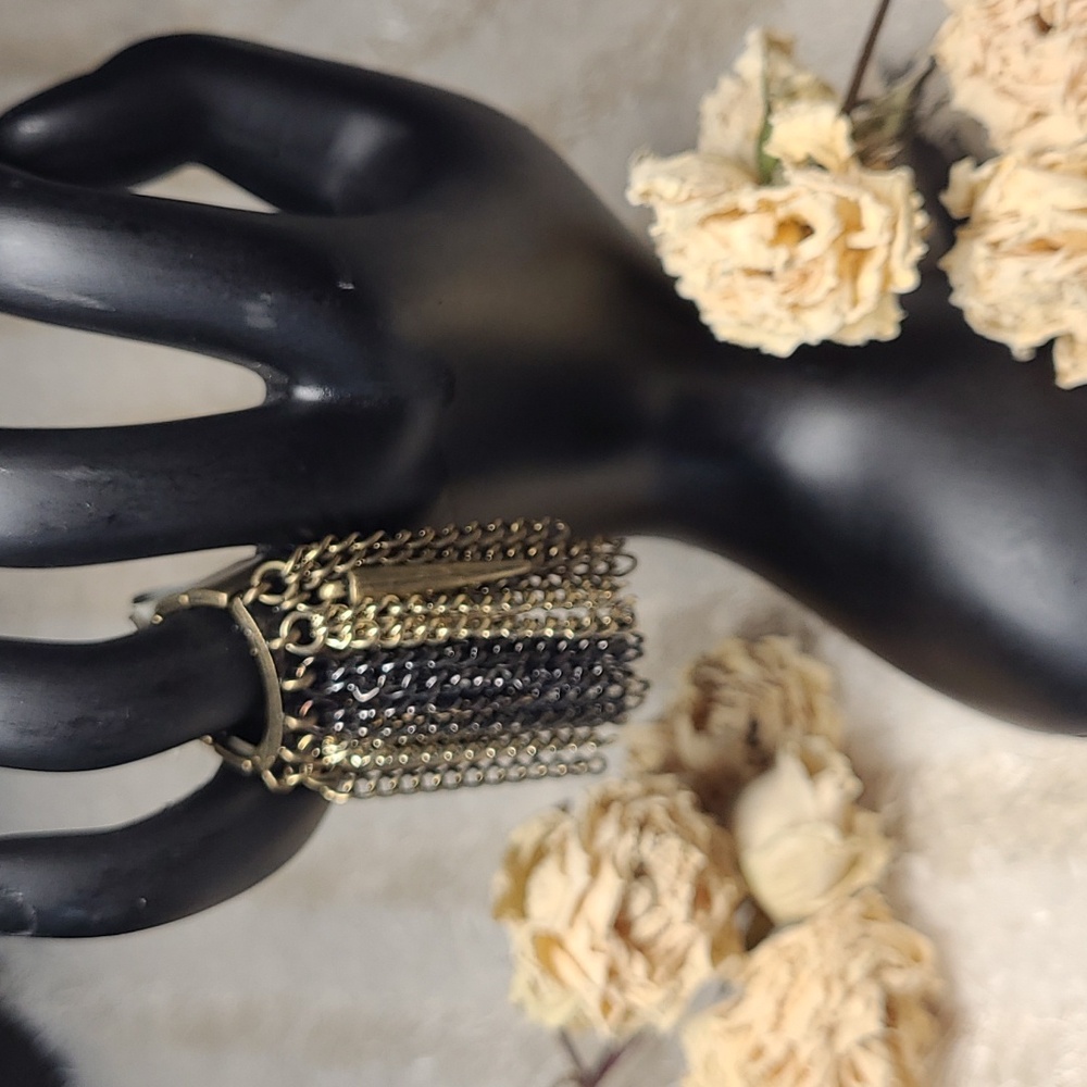 NEW Chains Spikes Ring Black & Gold Stretch Tassel Grunge Goth Steam Punk One Sz
